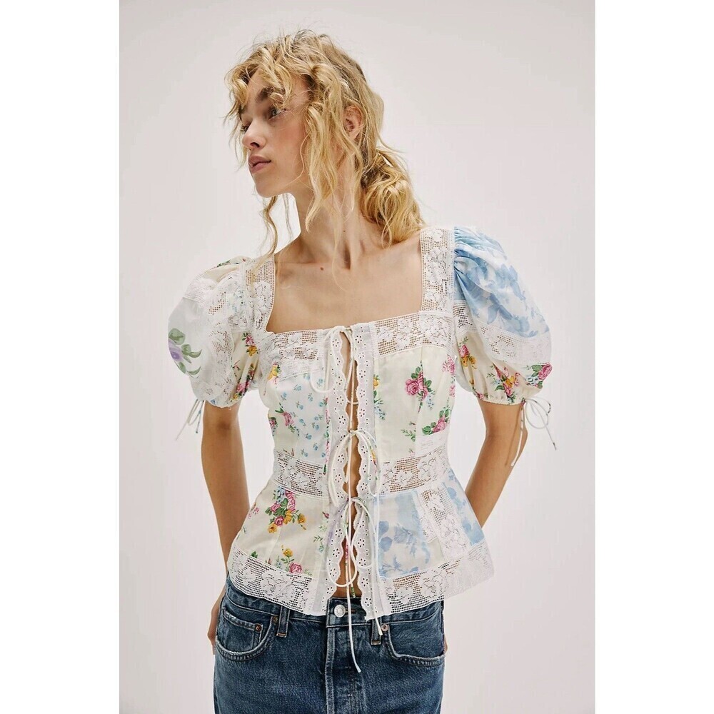 For Love & Lemons Violette Top Patchwork Floral Puff Sleeves Size XS Cottage